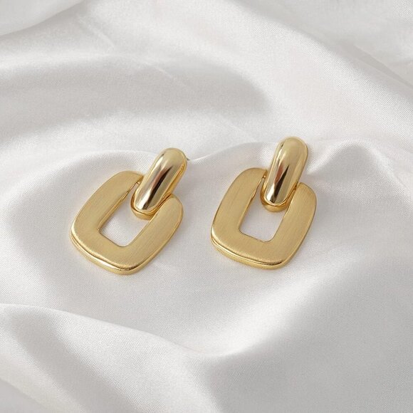 Women's Gold Brushed Square Statement Retro Hoop Dangle Earrings Multiple Style - Picture 6 of 7